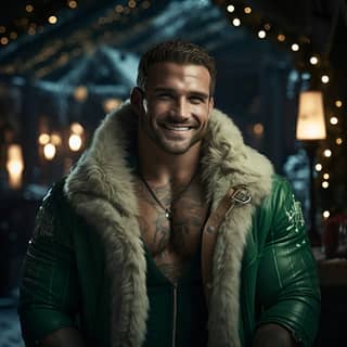 Homme musclé dans une veste verte et un manteau de fourrure dégageant des vibes de Noël avec une qualité exceptionnelle.