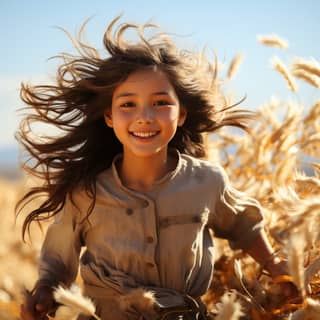 Die 12-jährige chinesische Mädchen läuft freudig durch ein Feld aus goldenem Weizen unter der Sonne.