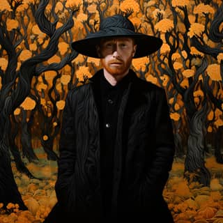 Japan van Gogh all black, in a black hat and coat standing in a forest