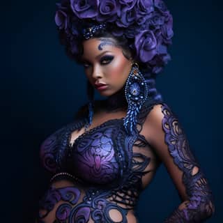 Una donna incinta BIPOC indossa un costume altamente dettagliato adornato con fiori viola sulla testa.