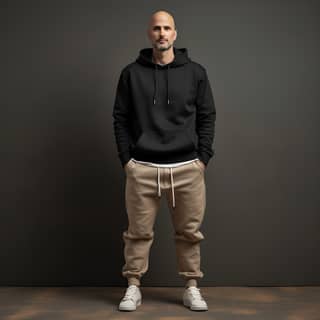 charming 30 year old man without hair short white beard brown eyes dressed casually black hoodie and beige trousers with