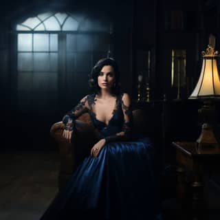 dark haired female vampire in blue evening gown, beautiful woman in blue dress sitting on chair in dark room