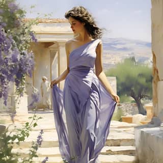 A greek woman with a long purple silk dress walking in a garden behind a temple for Artimis