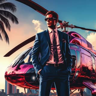 gta vice city in a suit standing in front of a helicopter blue and red theme