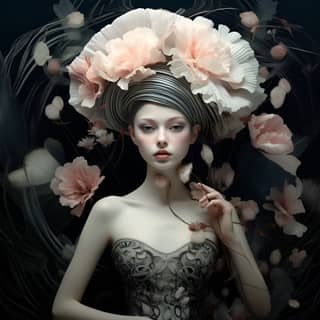 inspired by, with a flower headdress and black dress