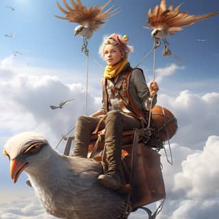 man riding birds on the sky is an interactive art installation in the style of john wilhelm pencilsteampunk elsa beskow gray