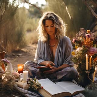 A middle aged woman sitting in a bush setting in Australian summer with art materials and a journal preparing a ritual for