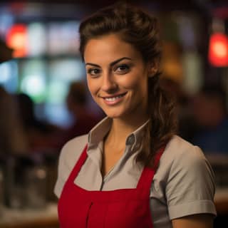 pretty croatian-american waitress at a sports bar trans woman 29 years old flirty half-smile thin thick eyebrows dark hair