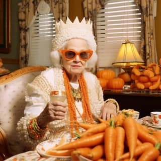 royal allwhite christmas grandma eating carrots in luvre in style of 70s