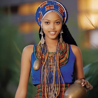 woman in an african dress holding a pot