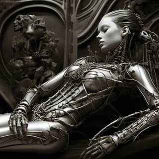 woman biomechanical Ophelia John Everett Millais black and white photograph by Hans Ruedi Giger