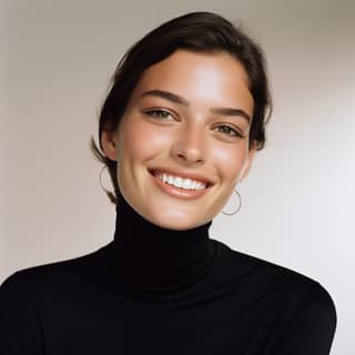 Hermosa modelo de 30 años con ojos en forma de almendra vistiendo un elegante suéter negro de Jacquemus, sonriendo.