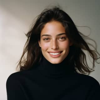 Bella modella trentenne con gli occhi a mandorla indossa un dolcevita nero di Jacquemus sorridendo editorialmente.