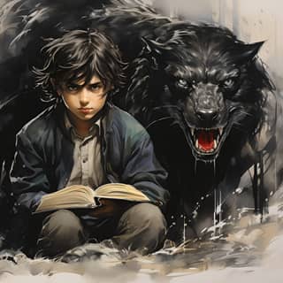 Gmork neverending story Drawing by James Montgomery Flagg, a boy reading a book next to a black bear