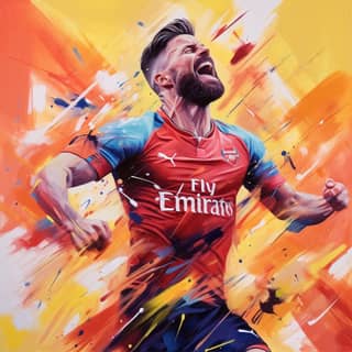Olivier Giroud alone on a soccer pitch playing soccer ball in hand in a bright cheerful atmosphere with a picture that