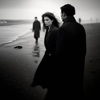Une femme pleure en marchant sur la plage avec un homme en arrière-plan on the beach black and white photography Cloudy