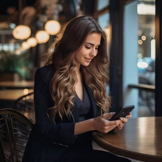 Woman businesswoman with long wavy hair in a black dress sitting in a cafe fidgeting and looking at her iPhone professional