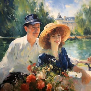 Um casal sentado em um barco no estilo de August Renoir.