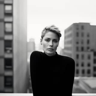 black and white photography reflections 40yo NY woman on the roof short hair away from the face minimal modern editorial