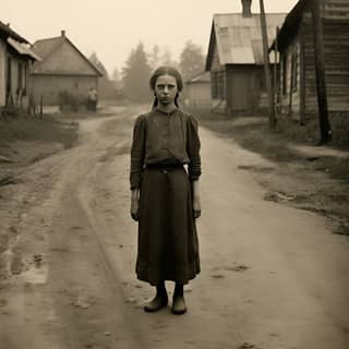 Una mujer en sus 20 años está parada en medio de un camino de tierra en un pequeño pueblo en la provincia de Santa Cruz en Polonia, capturada en la década de 1920 durante la tarde en verano.