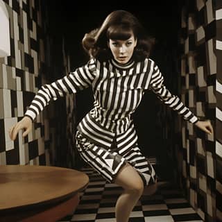 a profile view of a spy-heroine circa 1966 in a black-and-white body-suit falling through a trap door in the floor of a