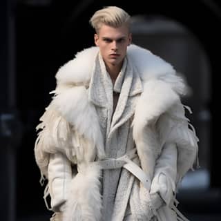 the new chanel white coat on the men's runway in the style of attention to fur and feathers texture urban fairy tale