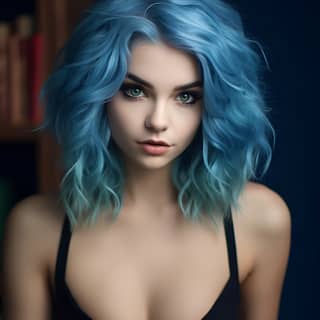 Dina is influencer blue hair blue eyes with Venusian strabismus look at at book