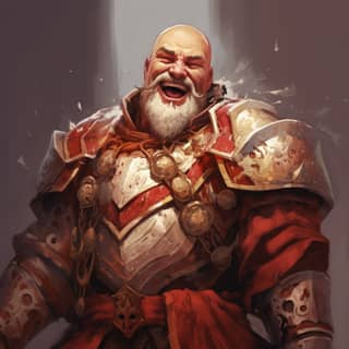 big male 45 year old happy laughing fighter/sorcerer Wite bushy eyeborows a big white beard and a bald head The armor should