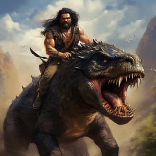 big t-Rex with a caveman with long black hair riding on him back