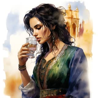color illustration watercolor of a handsome full body moroccan woman drinking from a small transparent glass with beautifull