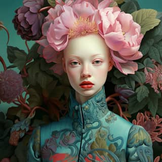 一位紋身的白化病女士，頭髮上插着花朵，風格類似花卉超現實主義，穿着衣服，背景是鮮豔的紫紅色和森林綠色的熱帶花朵，讓人聯想到藝術家安德烈·雷姆涅夫和馬丁·約翰娜。