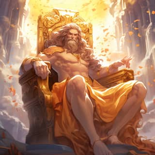 zeus sittning in this throne in mt olympus he looks happy in a frendly enviroment Shojo art style anime