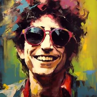 Seorang lelaki yang tersenyum memakai kacamata hitam, dilukiskan oleh Jean-Michel Basquiat.