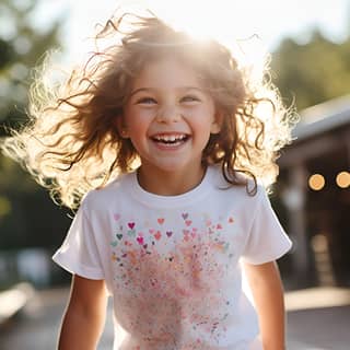 Une jeune fille tournoie joyeusement dans un champ entouré de cœurs colorés et flottants par une journée ensoleillée.