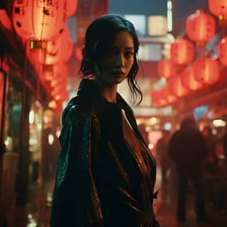 Una donna cinese si trova in un vicolo buio con lanterne rosse in una versione cyberpunk del quartiere cinese di Singapore.