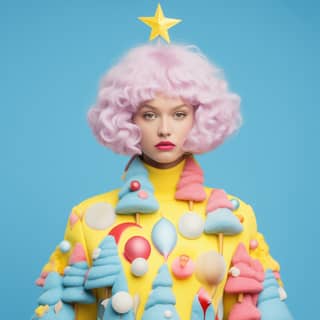 穿着粉紅色聖誕樹連衣裙和粉色頭髮的女性，以概念流行風格搭配現代糖衣服裝。