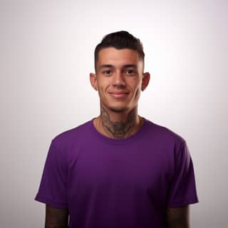 a happy Columbian person wearing a eminence purple shirt minor face tattoos standing hyper real