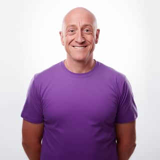 a happy person wearing a eminence purple top small face deformity standing hyper real