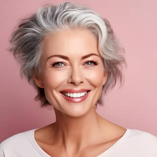 a happy woman 50 years old smiling with glowing skin after cosmetic procedures face to décolleté with open eyes and an