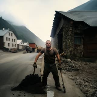 strong masculine road worker performing duties, is digging dirt in the middle of a road