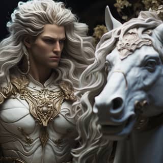 the centaur chiron has white hair and wears greek armor with a baroque style warrior helmet bow and arrow