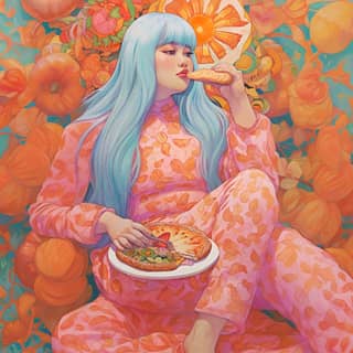 a traditional chubby malay woman with long pastel-colored hair she is eating a slice of pizza pastel colors