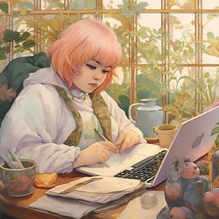 a traditional chubby malay woman with pastel-colored hair is using laptop pastel colors