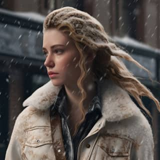 In winter a belt on a busy street Her hair is straight and the background is snowing heavily on the road The characters