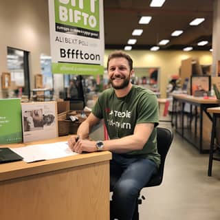 Man behind desk in pet store and behind him a sign promoting adoption is better than buying pet