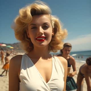 Marilyn Monroe takes a selfie in the beach, in a white top and plaid skirt on the beach