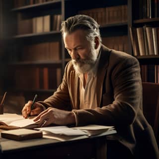 Middle aged man from the 70s writing on a typewriter in an office with bookshelves