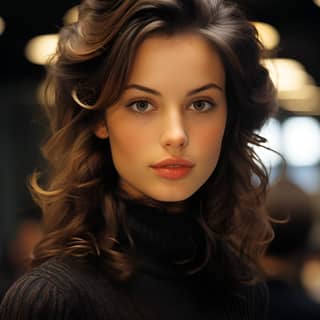 The pictuire has a vintage look, with brown hair and a black turtle neck