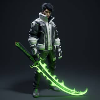 com uma espada verde neon que vai do chão até a cintura