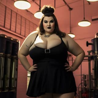 Femme rockabilly obèse de 800 livres portant une robe en vinyle noir, posant dans une salle de sport.